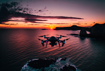 drone circling a sea at duskの素材