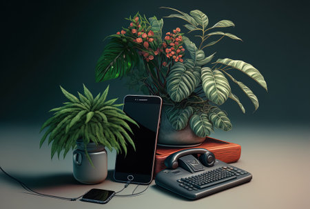 a plant, a phone, and a laptopの素材