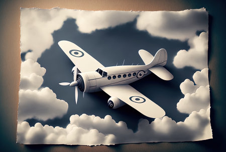 a little airplane with clouds and a white pageの素材