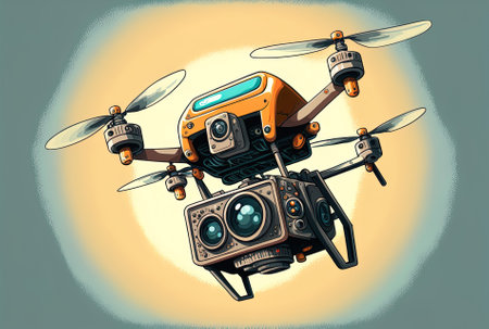 drone quadcopter with camera flying technology and espionage idea, seen from belowの素材