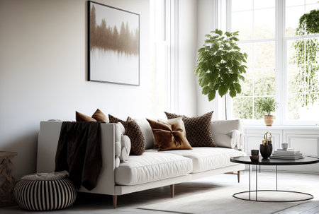 a white living room with a brown sofa and copy spaceの素材