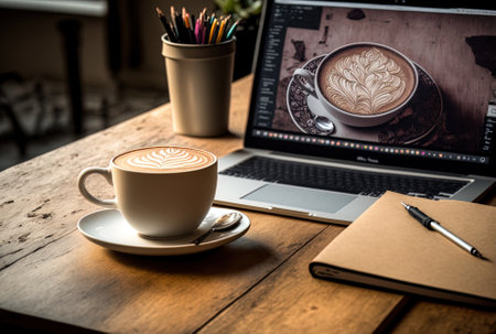 drawing pad next to laptop and coffeeの素材