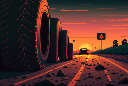 Tire on the road at sunset. Vector illustration. Eps 10の素材