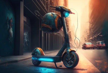 Electric scooter in the city with a helmetの素材