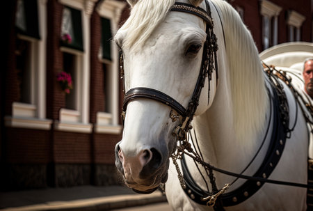 a close up of a white horse drawn carriage in a historic townの素材