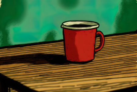 a wooden tabletop with a red coffee cup and a grungy, blurry green backgroundの素材