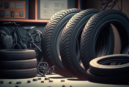 black bicycle tires in low relief at a workshopの素材