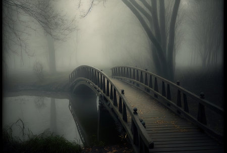 a wooden bridge in a park that is shrouded in thick fogの素材