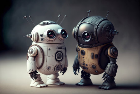 delightfully intelligent robots that resemble cartoon characters look aroundの素材
