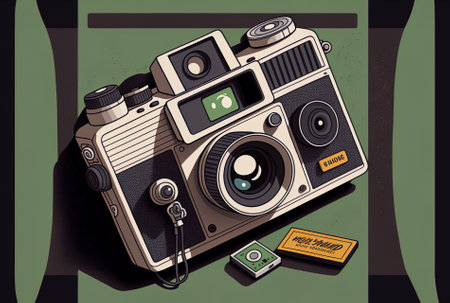 flat lay of a vintage retro camera on a black and white backdropの素材