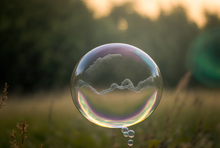 A close up of a soap bubble floating over a hazy natural backdropの素材