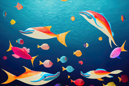 3d wallpaper Colorful fish with corals in the sea and dolphinsの素材