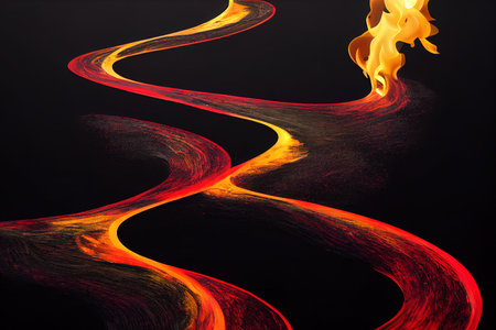 3d rendering, abstract black background with wet long road on fire, blazing flamesの素材