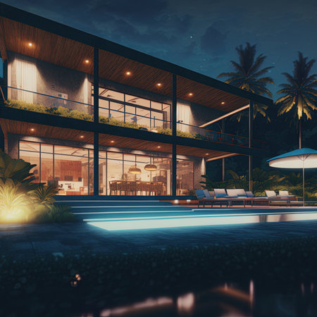 3D rendering of tropical house exterior.Night perspective of modern house.の素材