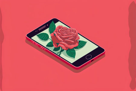 A red rose and smartphone are seen from above against a pink backgroundの素材