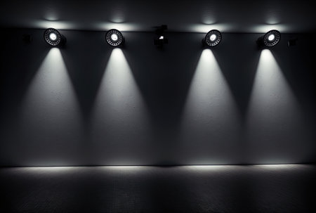 A room with a black wall and a row of spotlightsの素材