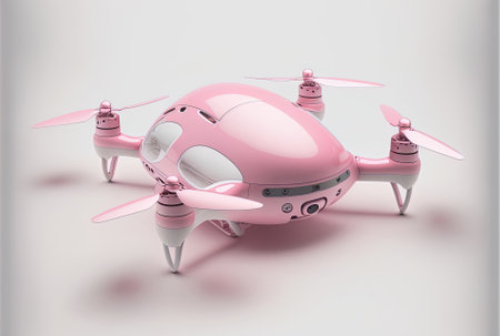 A contemporary pink remote control air drone is flying on a white backdrop.の素材