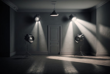 A room with a gray wall and a series of spotlightsの素材