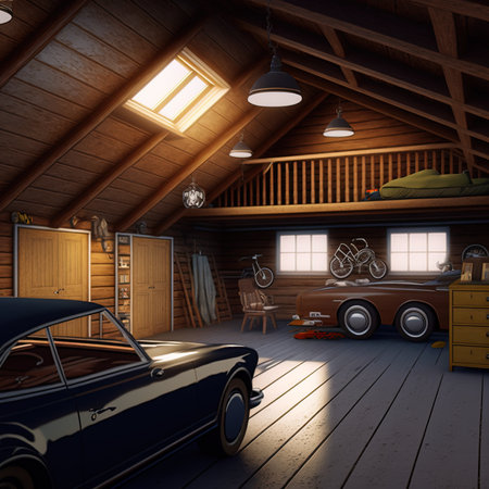 3D rendering of a home garage in wood panelingの素材