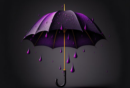 Atop a black background, a purple umbrella is open and moistの素材