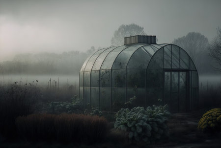 Against a foggy sky, a greenhouseの素材