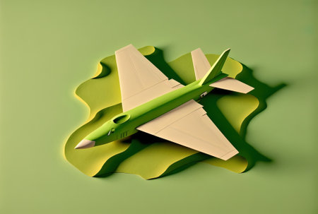 Aerial image with lime colored backdrop and green paper aircraftの素材