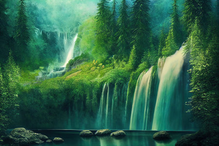 Beautiful views of the forest and lake with a waterfall. 3D imageの素材