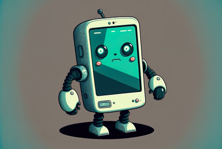 Artificial intelligence or android robot holding a phone with an empty screenの素材