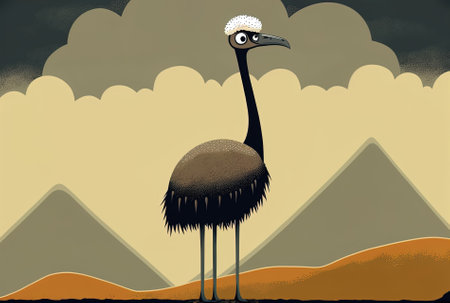 An lone ostrich stands alone in the hills during a cloudy day in this vertical imageの素材