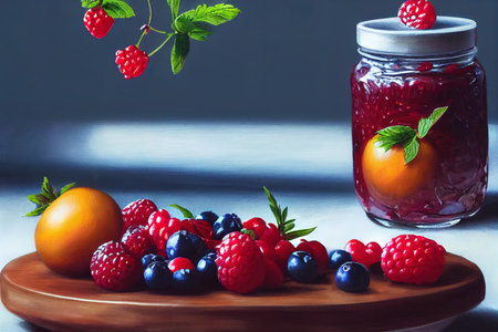 Berries jam in glass jar at white table. preserves for winterの素材