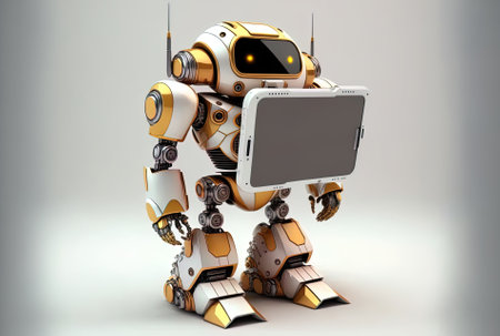 AI robot or helper robot with digital tablet on a white backgroundの素材