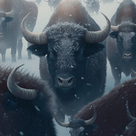 Bull bison in front of herd in snowfall. Wild bison in winter nature. Heavy bull with horns.の素材