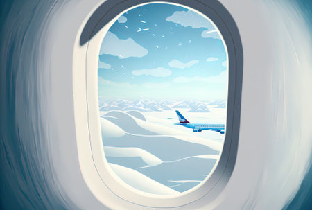 Beautiful window image of an aircraft wing flying over a scene coated in snowの素材