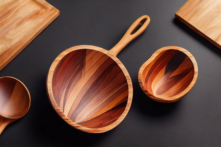 Cartoon nature wooden kitchenware utensil bowl with wood grain textureの素材