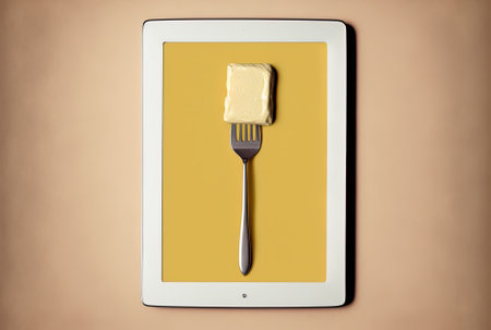 Between a fork and a butter knife on a beige backdrop, a digital tabletの素材