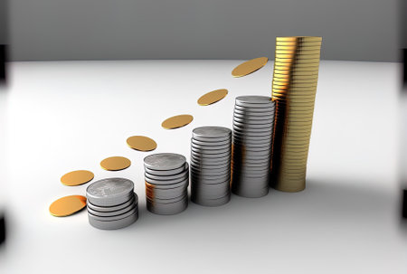 Coins falling from a stack on a white backdrop, above a graphの素材