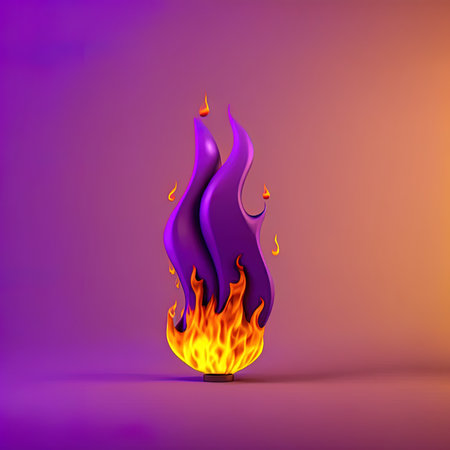 Cartoon fire flame isolated on purple background. 3D rendering with clipping pathの素材