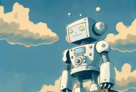 Close up of a robot toy against a picturesque hazy blue skyの素材