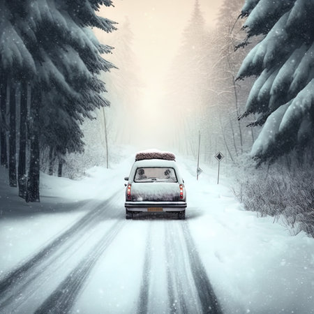 Car on winter road covered with snowの素材