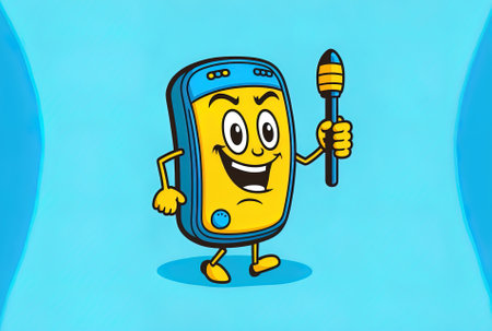 Character mascot map pointer pin with a blue fitness tracker on a yellow backdropの素材