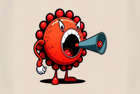 Cartoon covid 19 virus mascot with a red vintage megaphone on a white backdropの素材