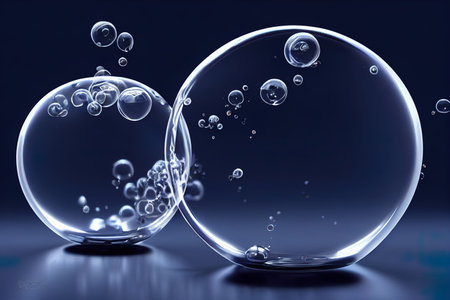Cosmetic Essence, Liquid bubble, Molecule inside Liquid Bubble on water background, 3d renderingの素材