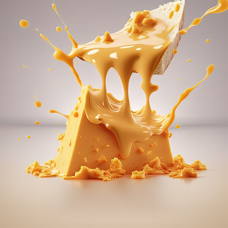 Cheese sauce splashing in the air with cheddar cheese, 3d rendering.の素材