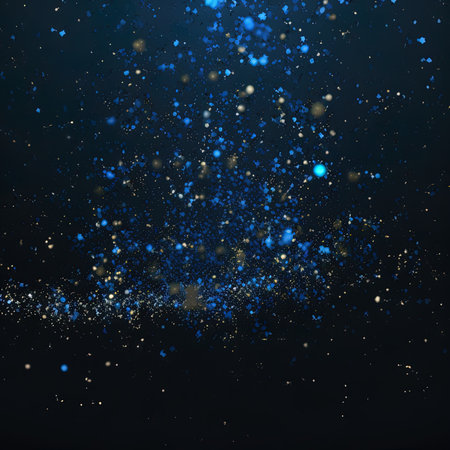 Blue Shiny Particles with Stars on Black Background. Golden Awards Stars. Bokeh Shiny Particlesの素材
