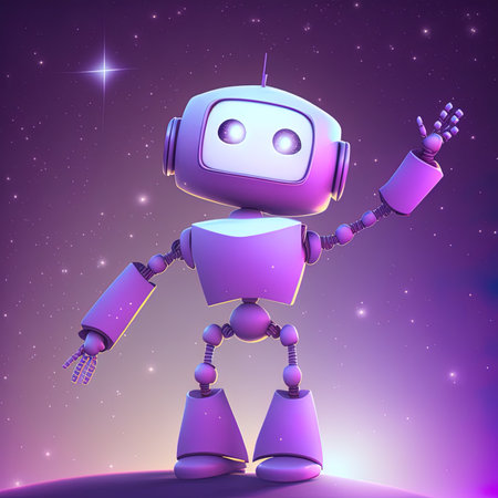 Cute robot reaching for a star isolated over purple background. Technology concept. 3d rendering.の素材