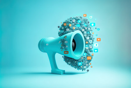 Concept for a social media digital marketing campaign with a blue background.の素材