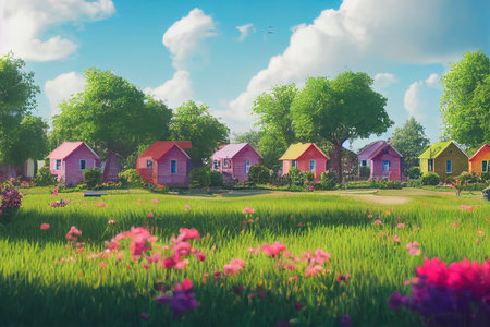 Colorful houses in suburb neighborhood. Green park landscape with grass, trees, flowers and clouds.の素材