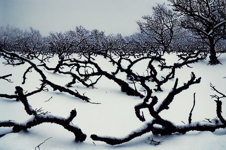 Dry branches in the snow, winter nature.の素材