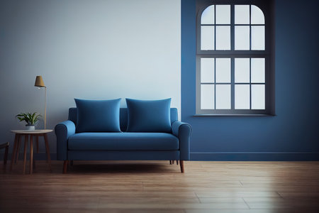 Empty living room with blue armchair and table on empty dark blue wall background.3d renderingの素材