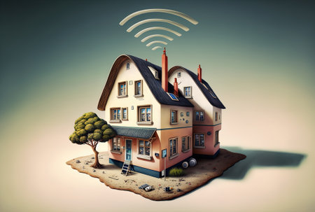 Figure of a house in the above perspective with a wi fi controlled vacuumの素材